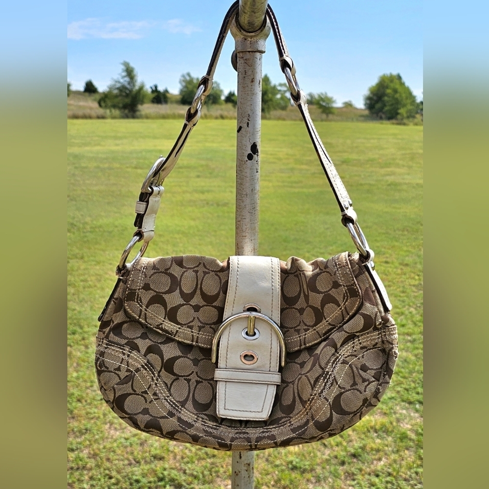 Vtg Y2K COACH Brown and Cream Canvas & Leather Shoulder Bag